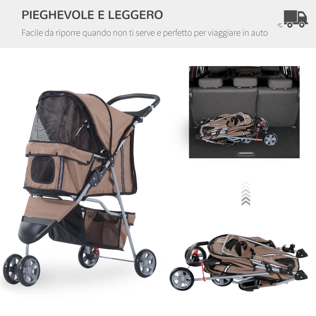EasyComfort Passeggino per Cani Piccoli Pieghevole, Carrozzina per Cani con Ruote con Freni, Portabicchieri, Cestino Portaoggetti e Imbottitura Rimovibile e Lavabile, per Animali Domestici 10 kg, Caffè