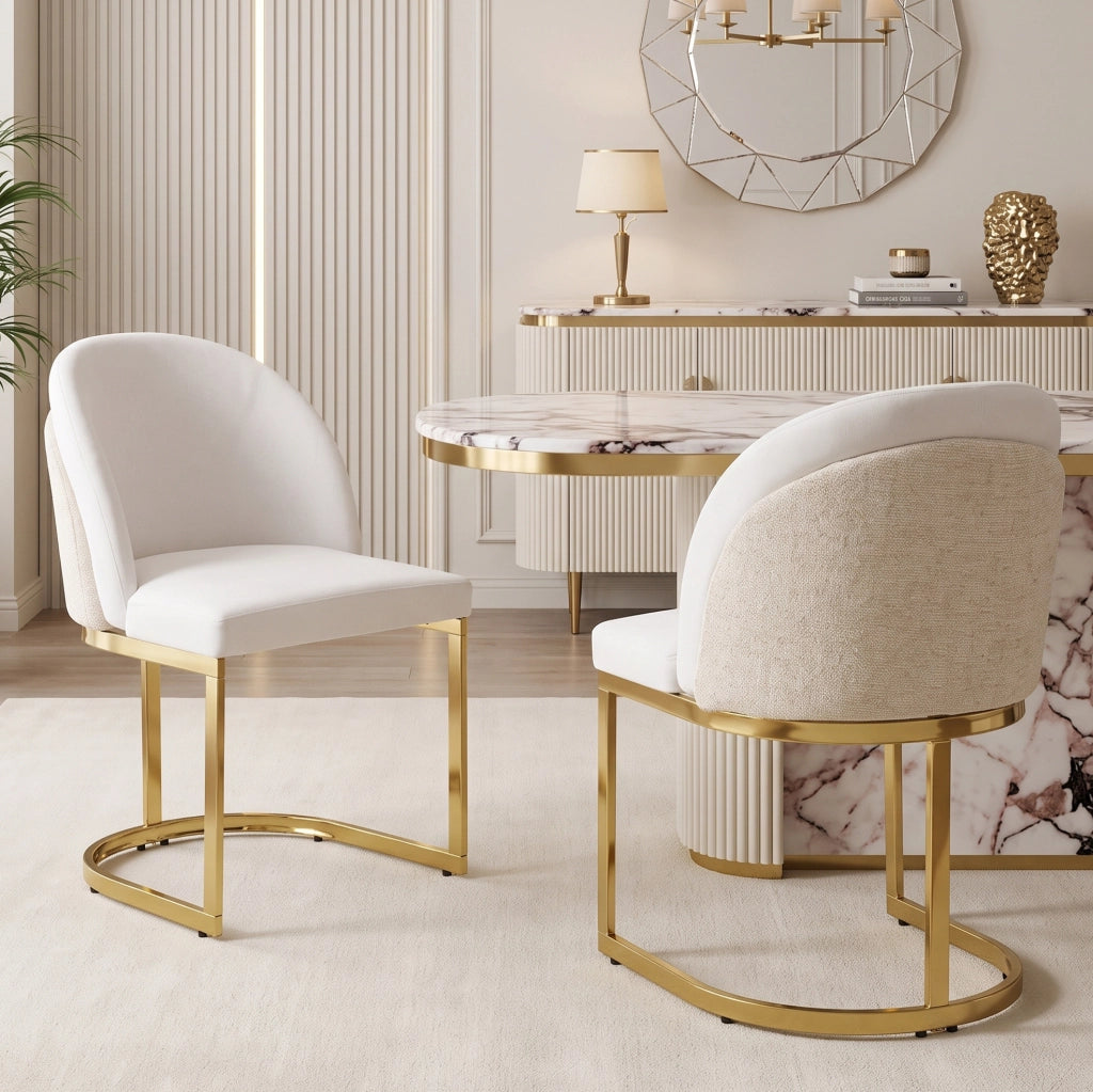Set di 4 sedie in ciniglia beige e oro con gambe metalliche