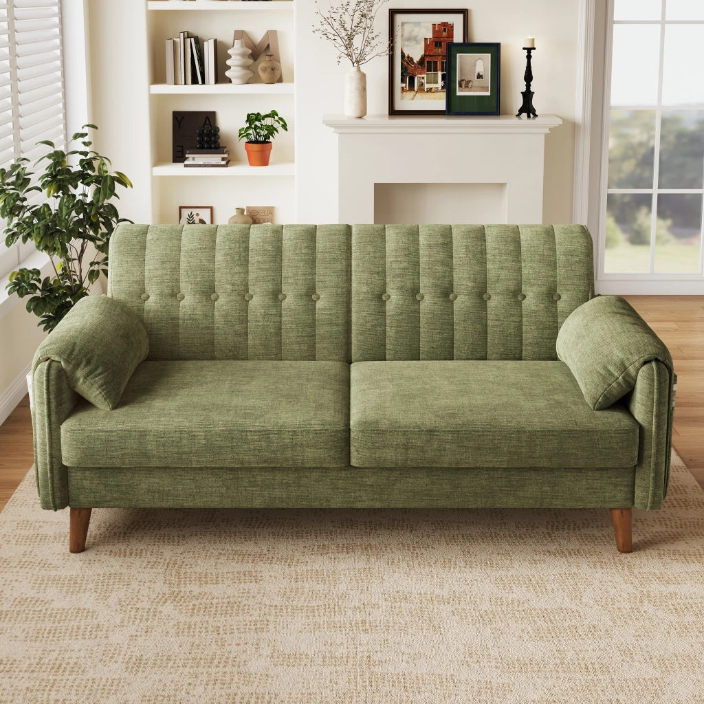 Divano a 2 posti in chenille con cuscino seduta spesso, schienale trapuntato, tasche laterali e cuscini bracciolo, verde