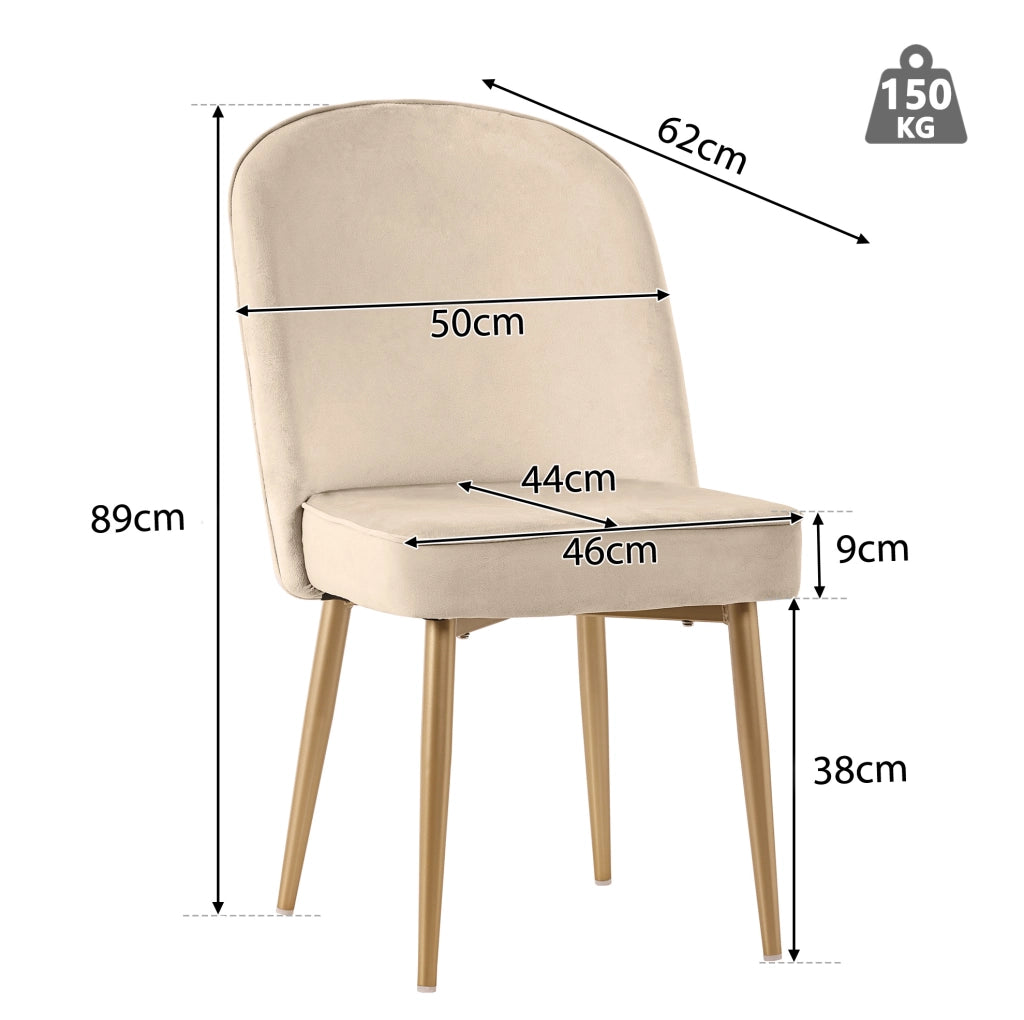 Set di 4 Sedie da Pranzo Beige in Velluto con Gambe in Metallo Dorato, Moderne e Comode