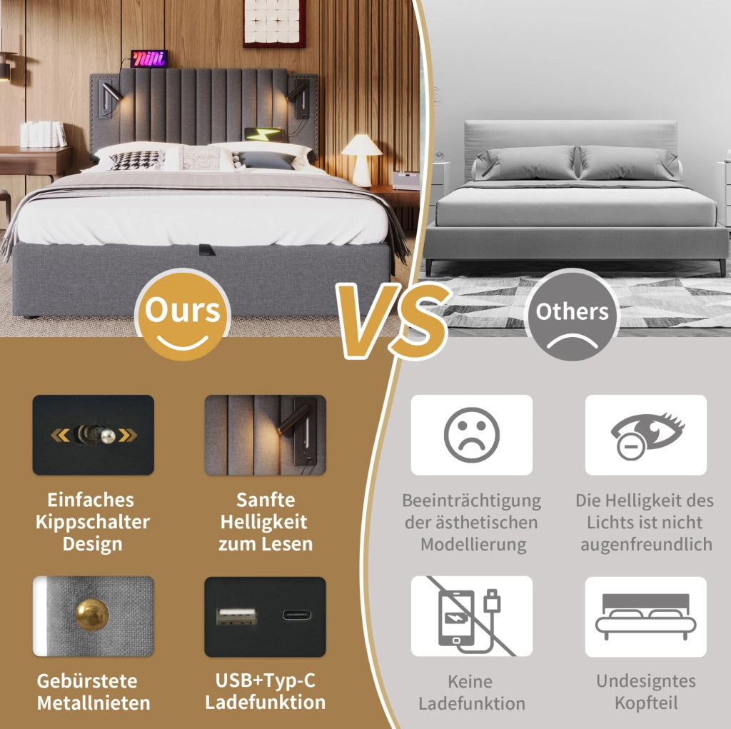 Letto matrimoniale 140x200 con contenitore, USB, luce e materasso
