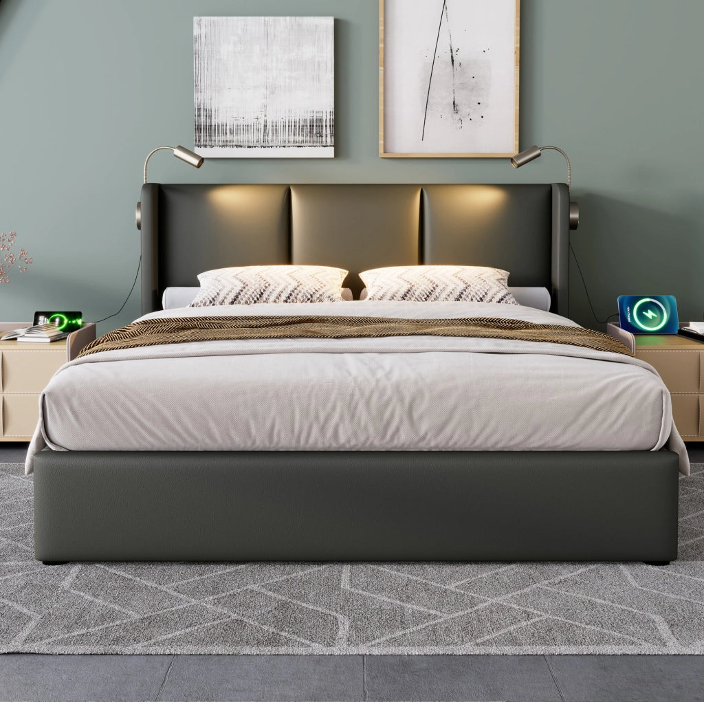 Letto matrimoniale imbottito con contenitore 140x200 cm, struttura grigia in PU, testiera con luce da lettura e funzione di ricarica USB, con rete a doghe