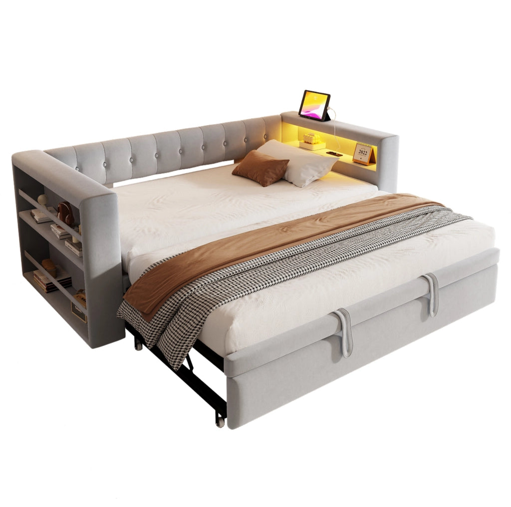 Divano letto multifunzione grigio chiaro 90/180x190 cm con LED