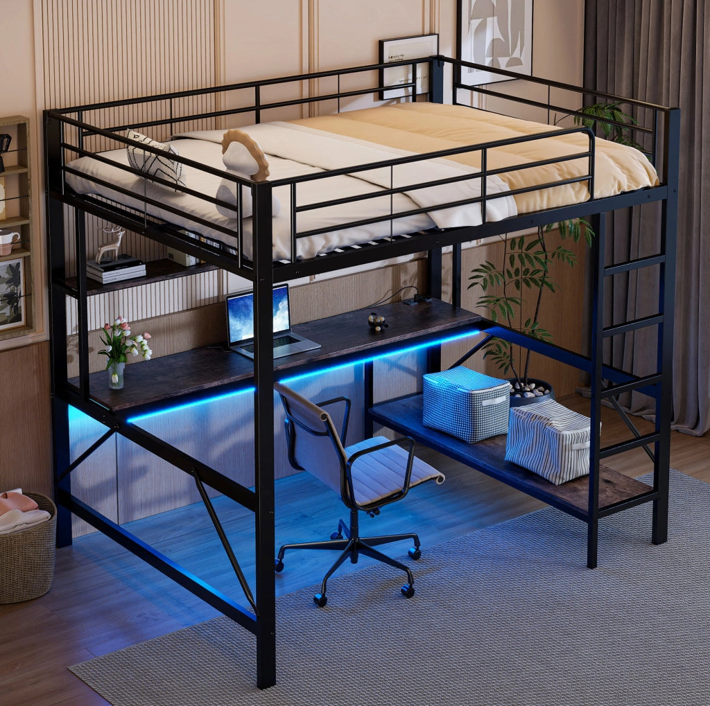 Letto a soppalco 140x200 cm nero con scrivania, scaffale, LED, USB e presa