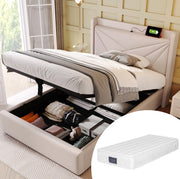 Letto 90x200 cm con contenitore, USB e USB-C, rivestimento in cotone e lino beige