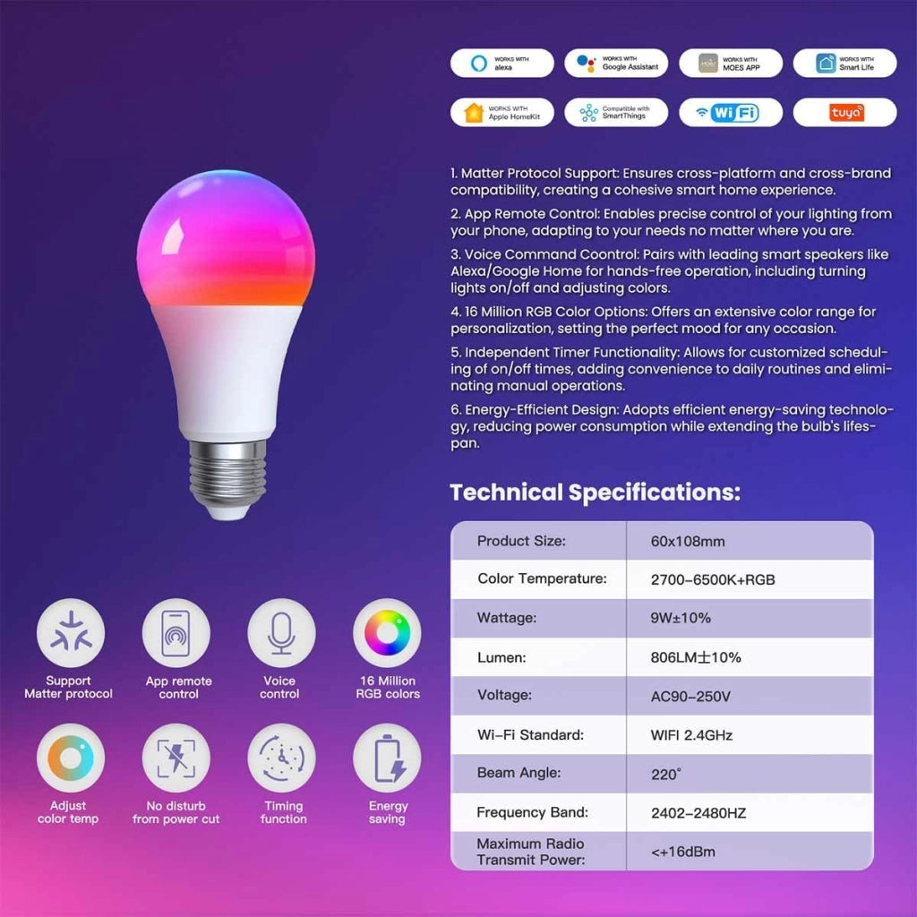 Lampada Led Matter E27, RGB+CW, Matter WIFI 2.4G TUYA, Smart Life, Apple Home, Google Home, Alexa, SmartThings AC 90-250V, 50/60HZ, 9W, 60X117mm, IP20, MU12709