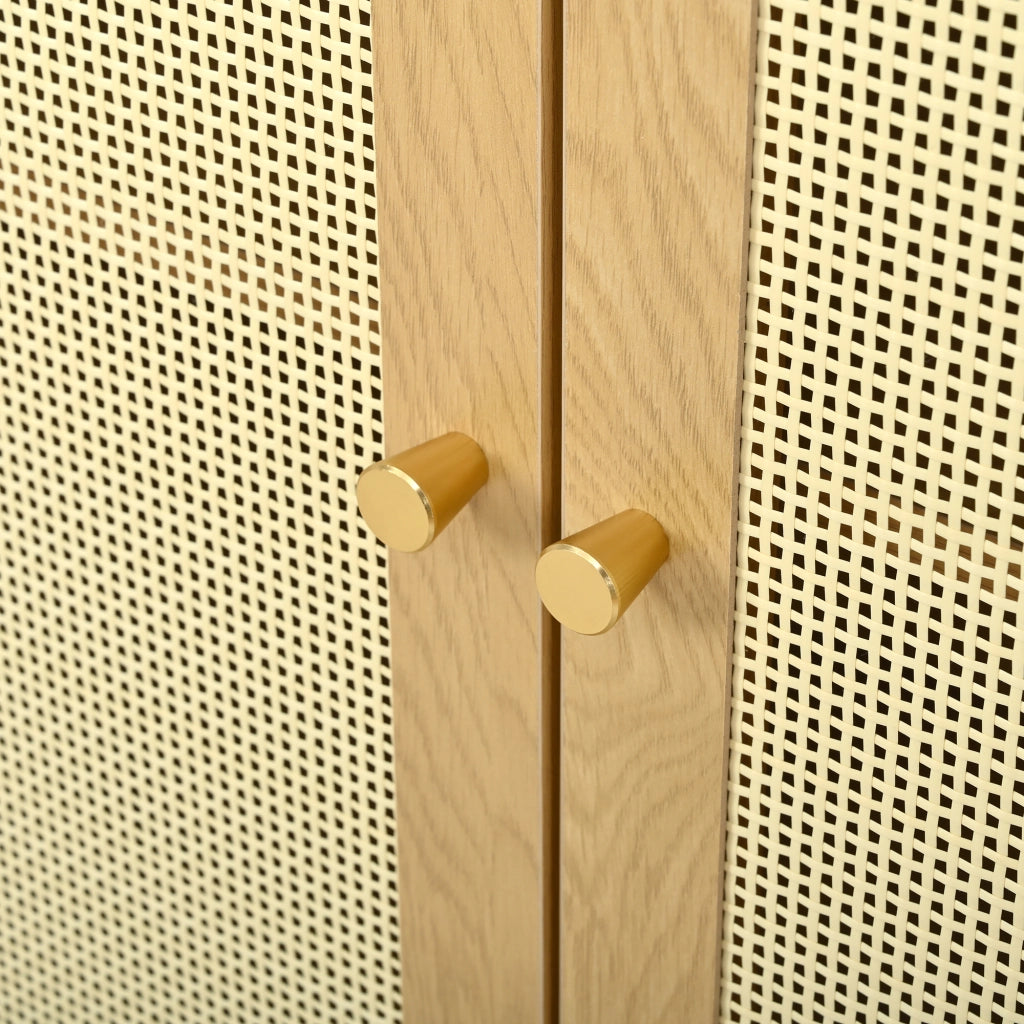 Credenza alta con 2 ante in rattan e 2 vani aperti per soggiorno, cucina o ingresso, truciolato naturale, 60 × 40 × 121 cm