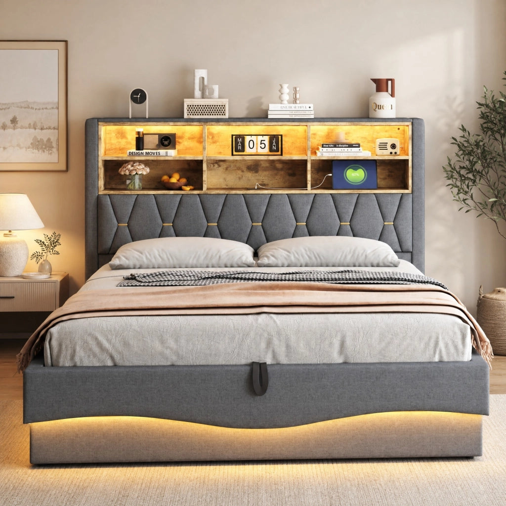 Letto matrimoniale 180x200 cm con contenitore idraulico; LED e porta USB; grigio