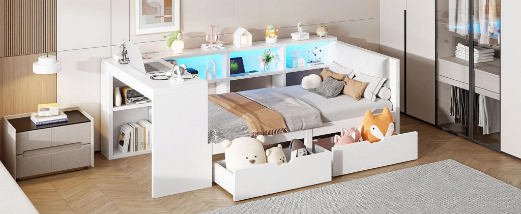 Letto a piattaforma in legno 90x200 cm con cassetti, spazio portaoggetti, stazione di ricarica e testiera imbottita, bianco con luci LED colorate