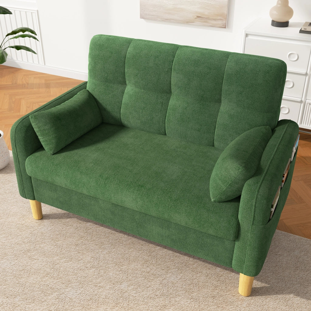 Divano 2 posti compatto con tasca laterale e 2 cuscini rimovibili in ciniglia verde 119 × 78 × 85 cm