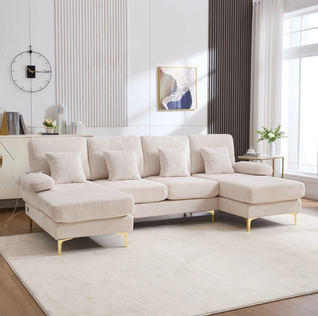 Divano a U con LED e porta USB; velluto beige 265 x 135 x 88 cm