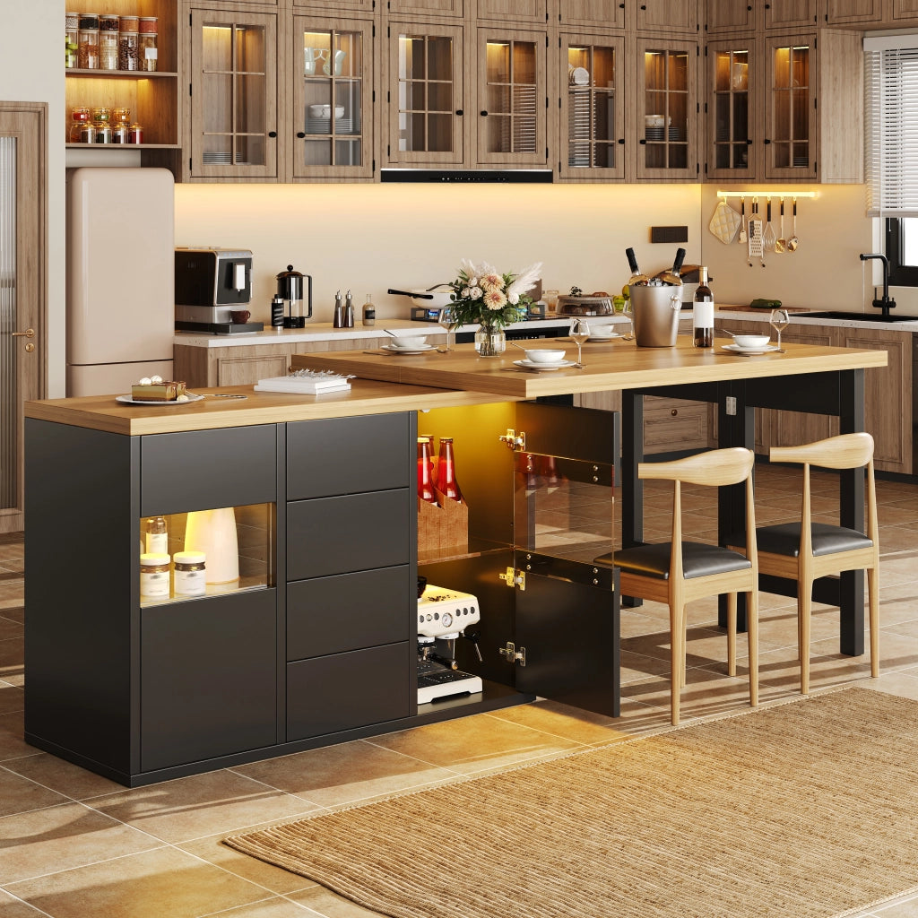 Isola cucina multifunzionale con tavolo, MDF e metallo, piano girevole a 360°, da 120 a 197 cm, 4 cassetti