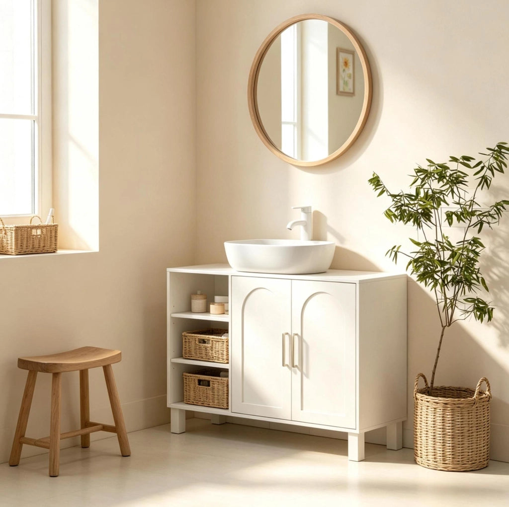 Mobile bagno crema con ante doppie e ripiani regolabili, 90x30x63 cm, per lavabo a parete con taglio a U 15x20 cm
