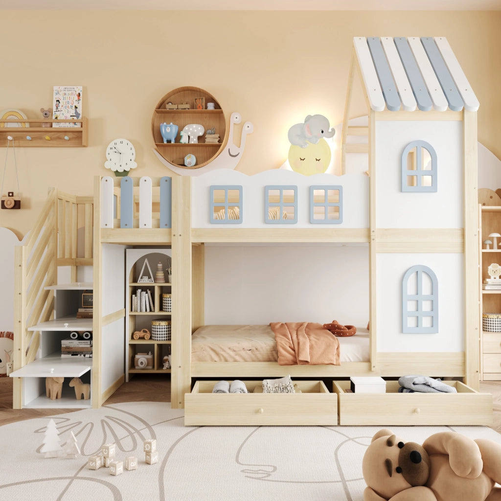 Letto a castello per bambini 90 x 200 cm in legno con sponda a forma di nuvola, tetto con finestre, scala contenitore, scaffali e cassetti - Bianco