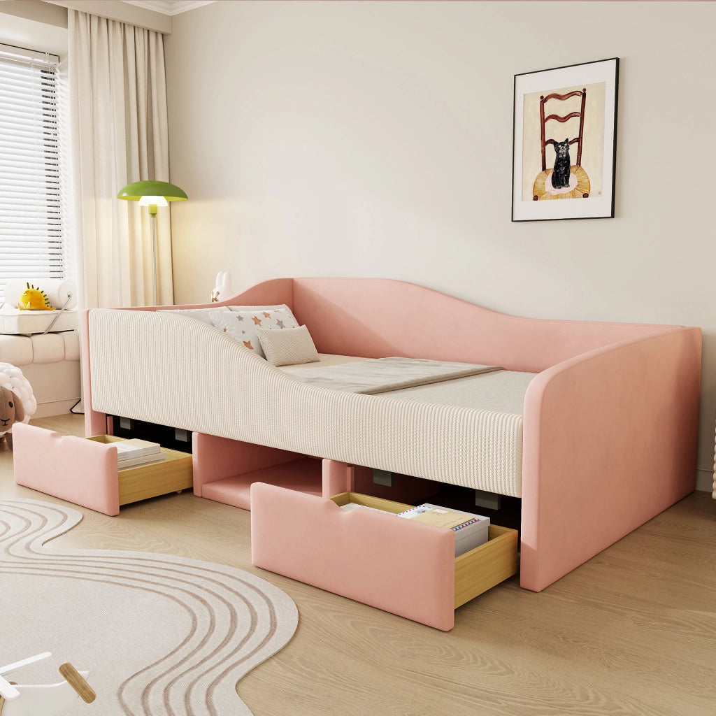 Divano letto 90x190; con 2 cassetti e guide di sicurezza; velluto; rosa e crema