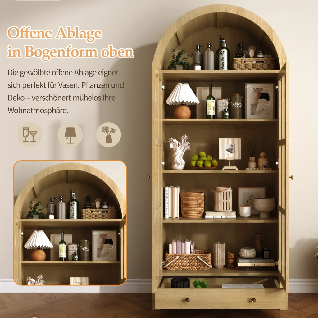 Vetrina ad arco con ante in acrilico trasparente e cassetto in MDF naturale per soggiorno 75 × 35 × 170.5 cm