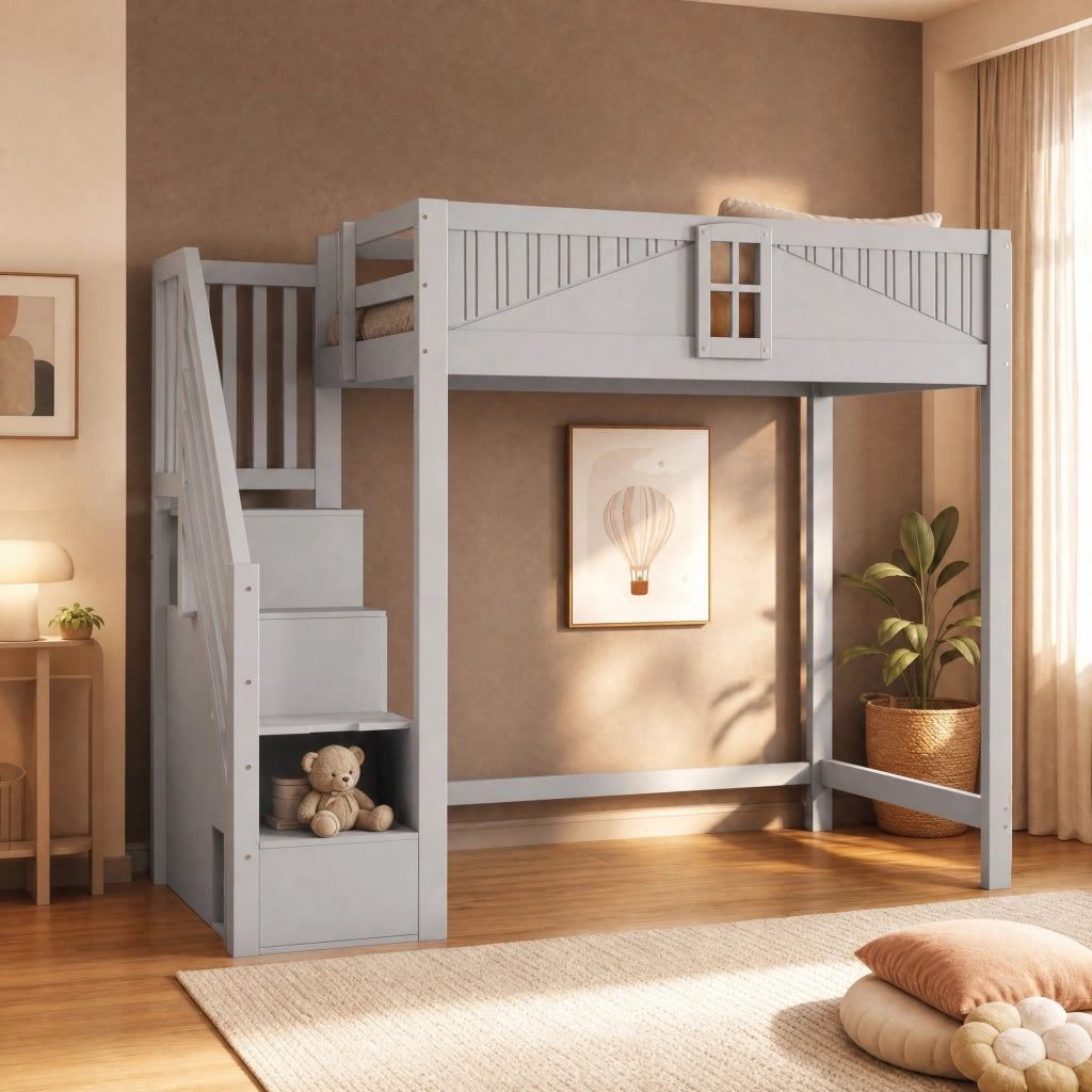 Letto a soppalco 90x200 cm in legno massello grigio