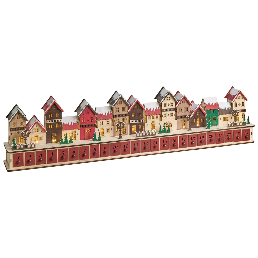 Decorazione natalizia in legno rosso con luci LED Calendario dell'Avvento illuminato a batteria