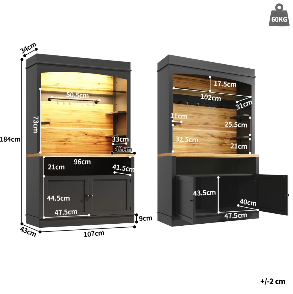 ARMADIO CUCINA LED 107x43x184 cm Nero MDF e Metallo