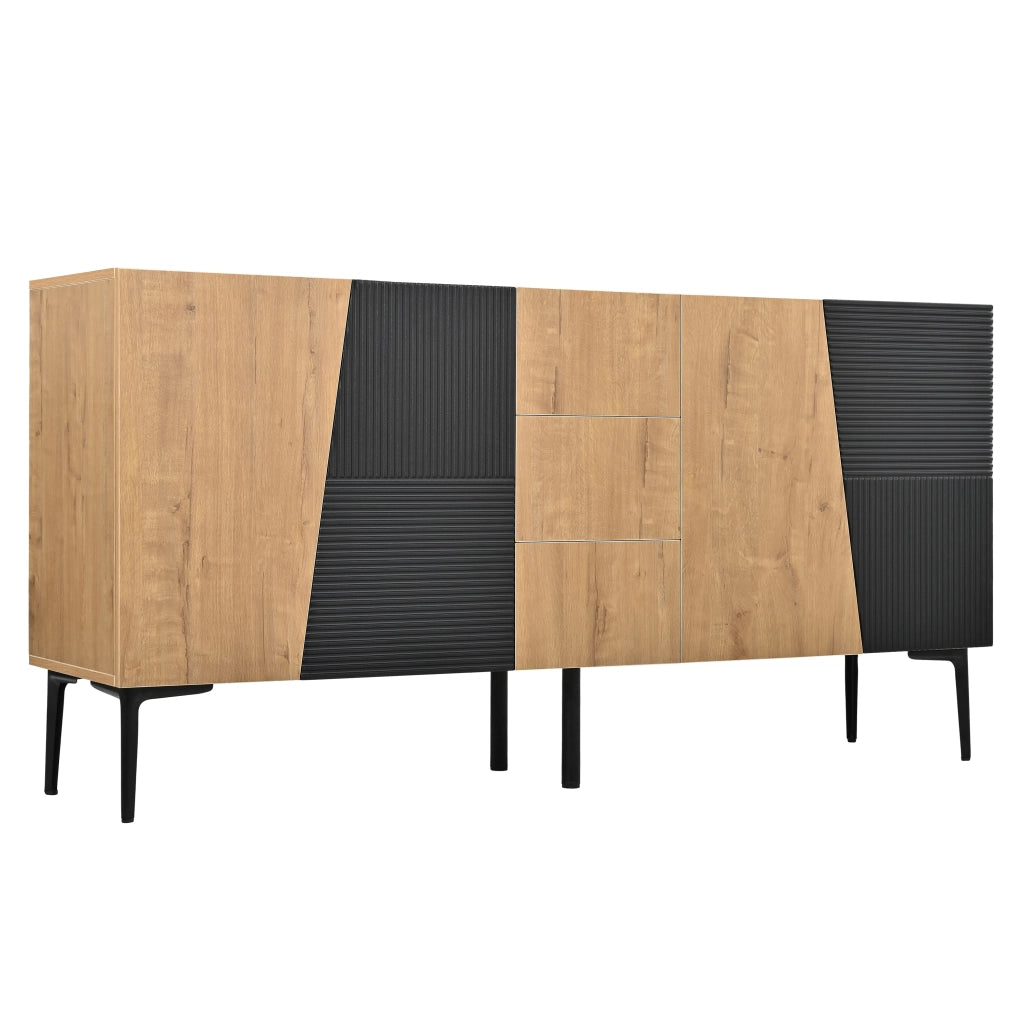 Credenza con 4 ante, 3 cassetti e ripiani regolabili per soggiorno, in truciolare nero e naturale, 160 × 40 × 80 cm