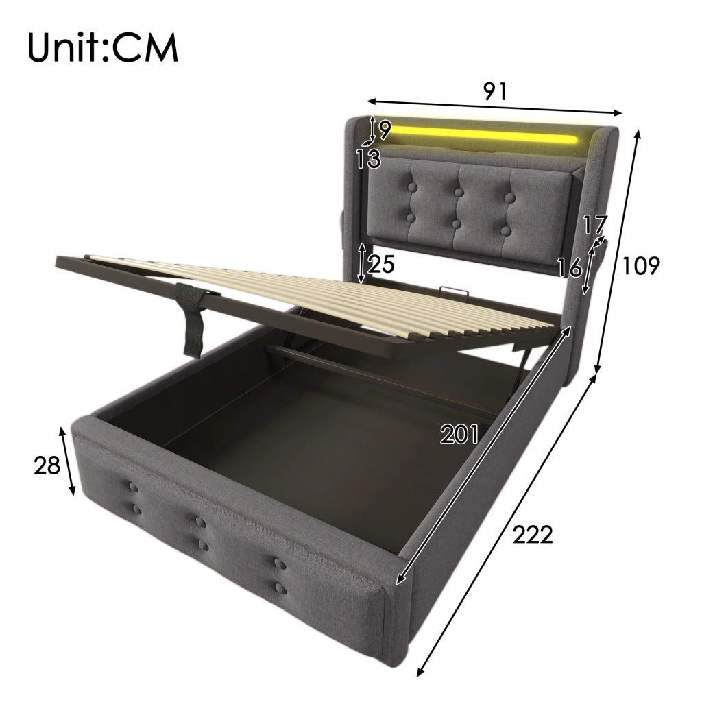 Letto contenitore imbottito grigio 90 x 200 cm con LED