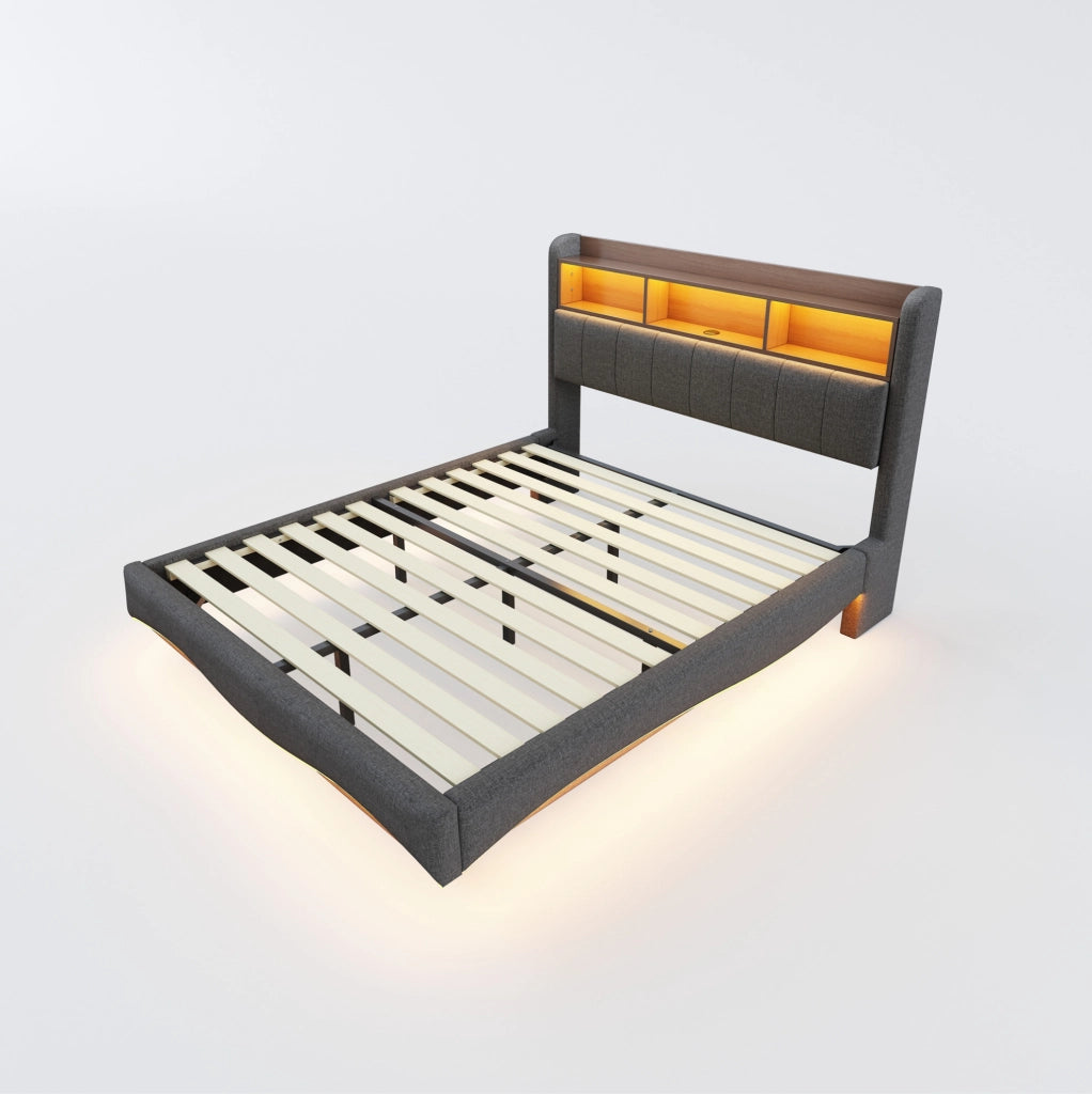 Letto imbottito 160x200 cm con LED, USB e USB-C in tessuto grigio