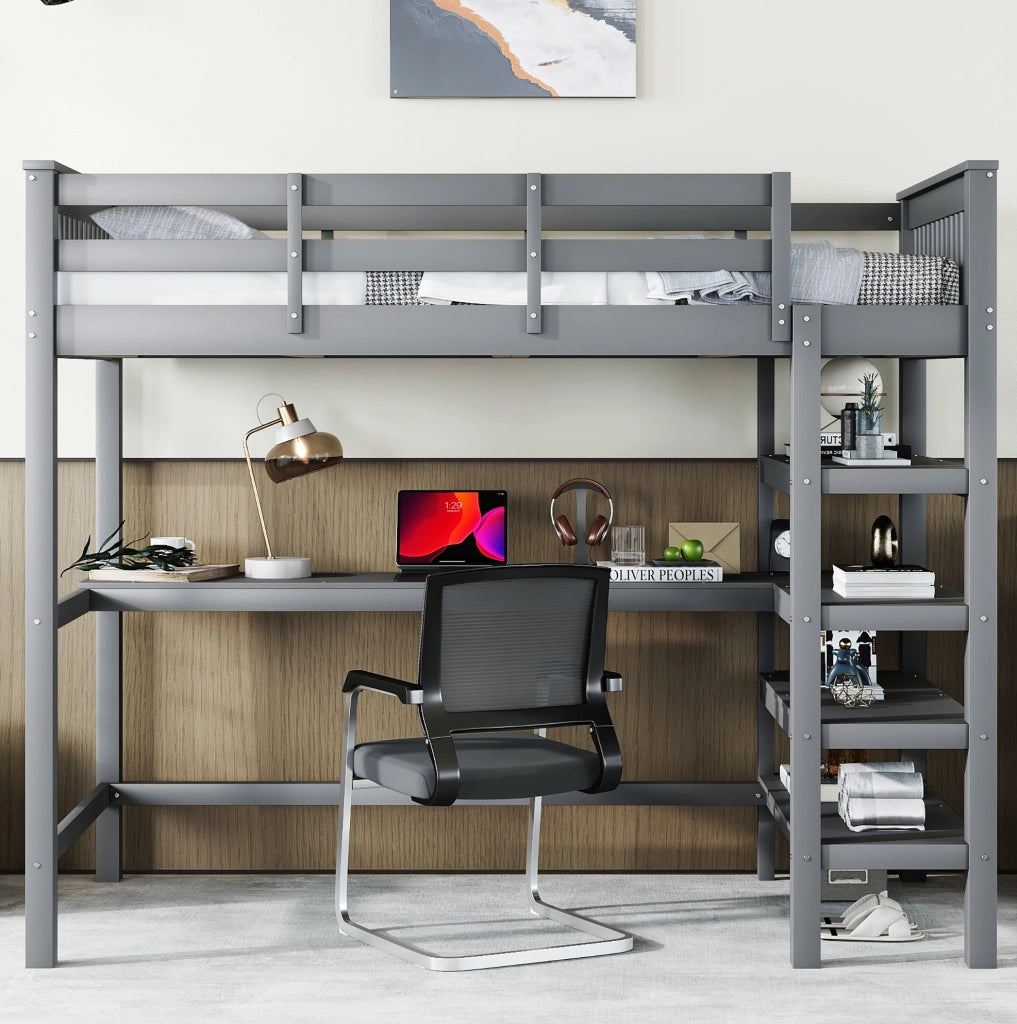 Letto a soppalco per bambini 90x200 cm con scrivania e ripiani, grigio, senza materasso