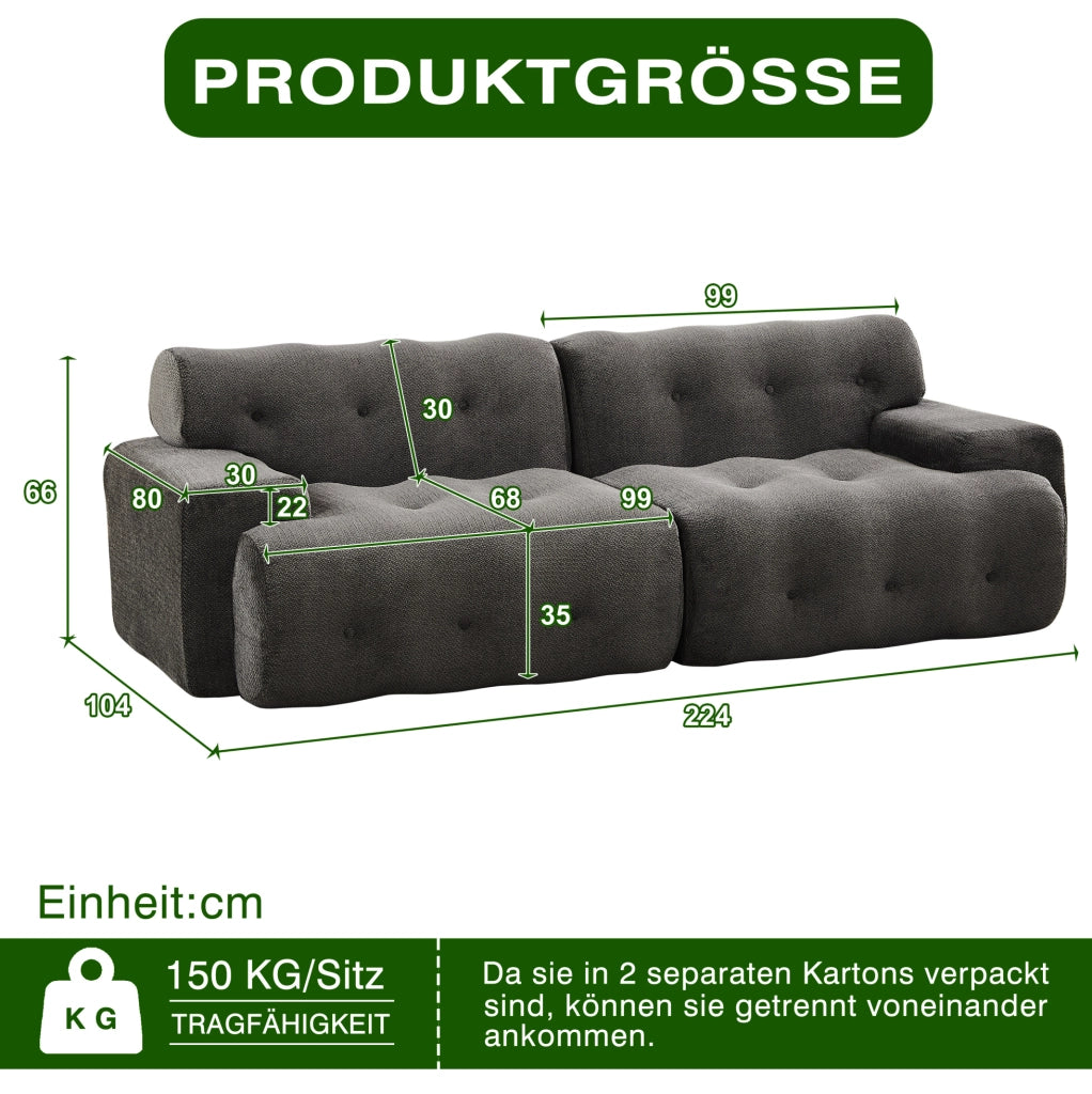 Divano Cloud a due posti in tessuto chenille grigio con braccioli larghi e cuscini imbottiti, 224x104x66 cm