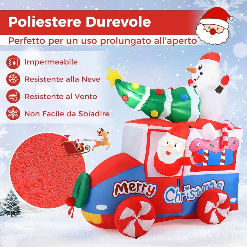 Babbo Natale Gonfiabile con Auto 177 cm, Decorazione Gonfiabile Natalizia con Babbo Natale, Pupazzo di Neve e Albero di Natale, 5 Luci LED Interne e Ventola Integrata
