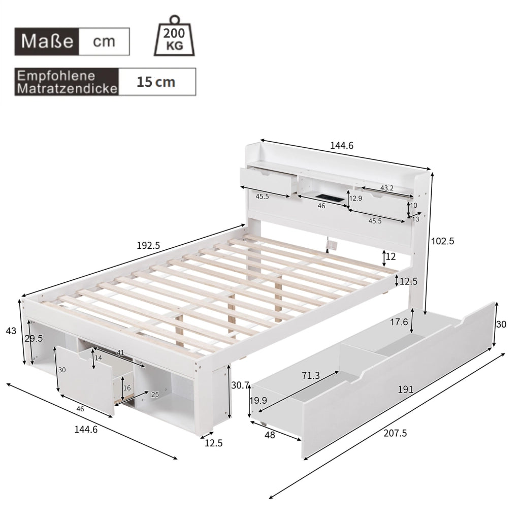 Letto Matrimoniale 140x190 cm con USB; Type-C; Ripiani e Cassetti - Bianco
