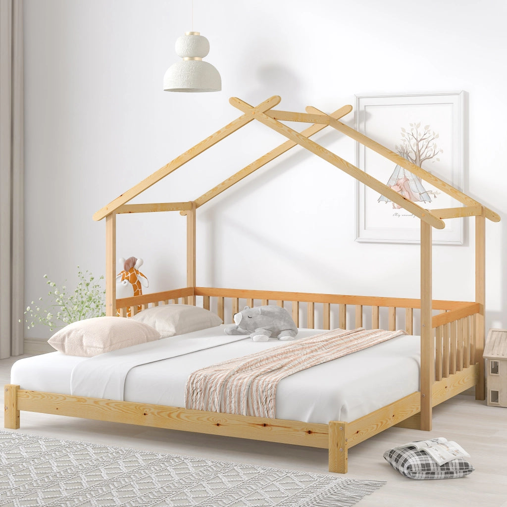 Letto a soppalco estensibile a forma di casa, 200x90/200x180 cm, legno naturale