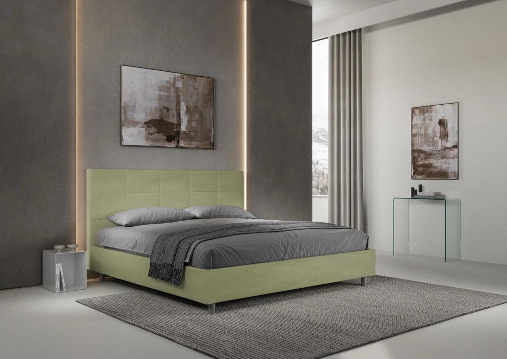 BS COM Letto matrimoniale king size contenitore imbottito 200x210 microfibra tè verde