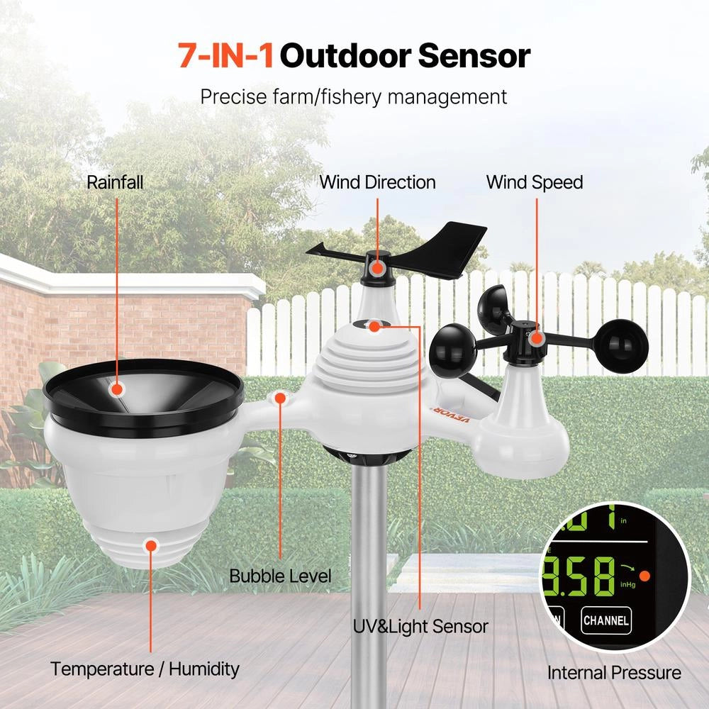 YT60231 Stazione Meteorologica Wireless Solare 7 in 1 Schermo a Colori 7,9 Pollici Portata 150m da Interno ed Esterno per Casa Giardino