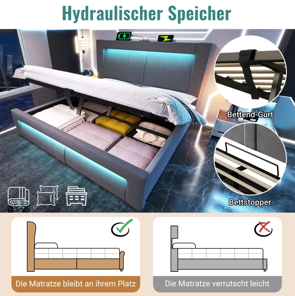 Letto contenitore 180 × 200 cm con LED; USB e Type-C; velluto grigio
