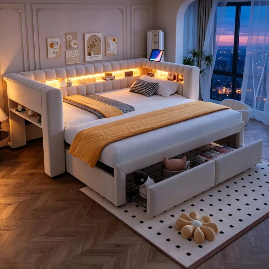 Divano letto estraibile IVMEU 90x190/180x190 cm con 2 cassetti, LED e prese USB e Type-C, in velluto beige