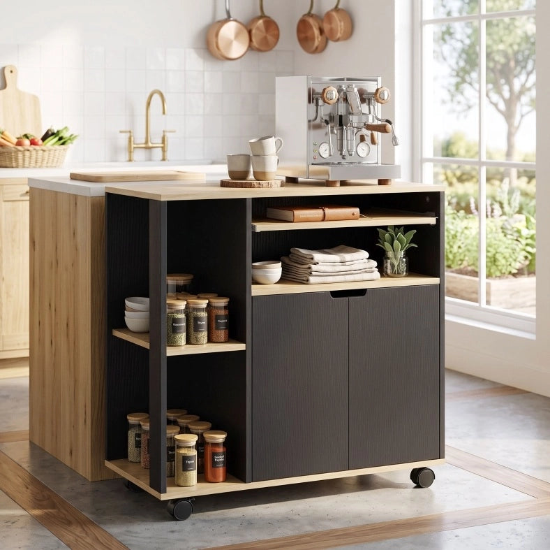 Carrello da cucina mobile con ripiani regolabili, armadietto e vano aperto, 80x40x82 cm, nero