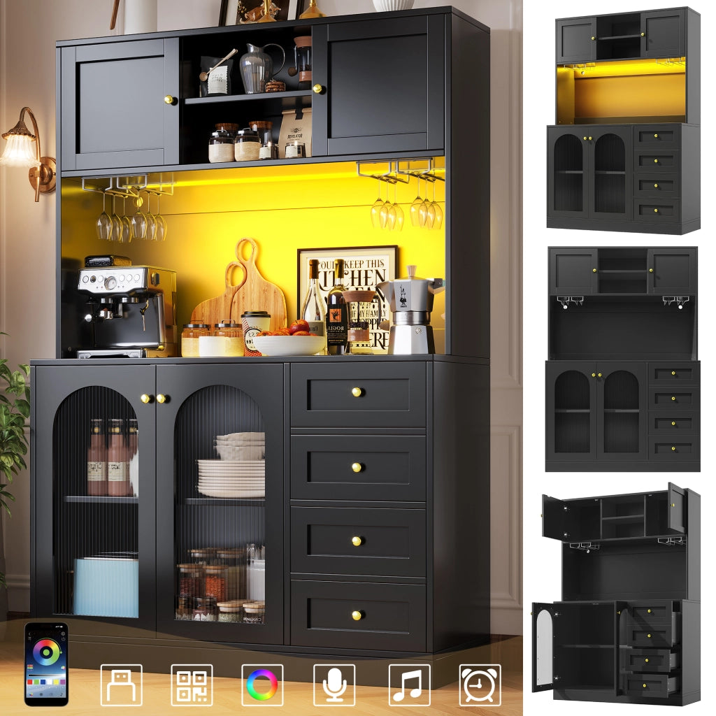 Credenza da cucina con LED 120x40x188 cm; MDF nero; vetro scanalato; cassetti e maniglie dorate