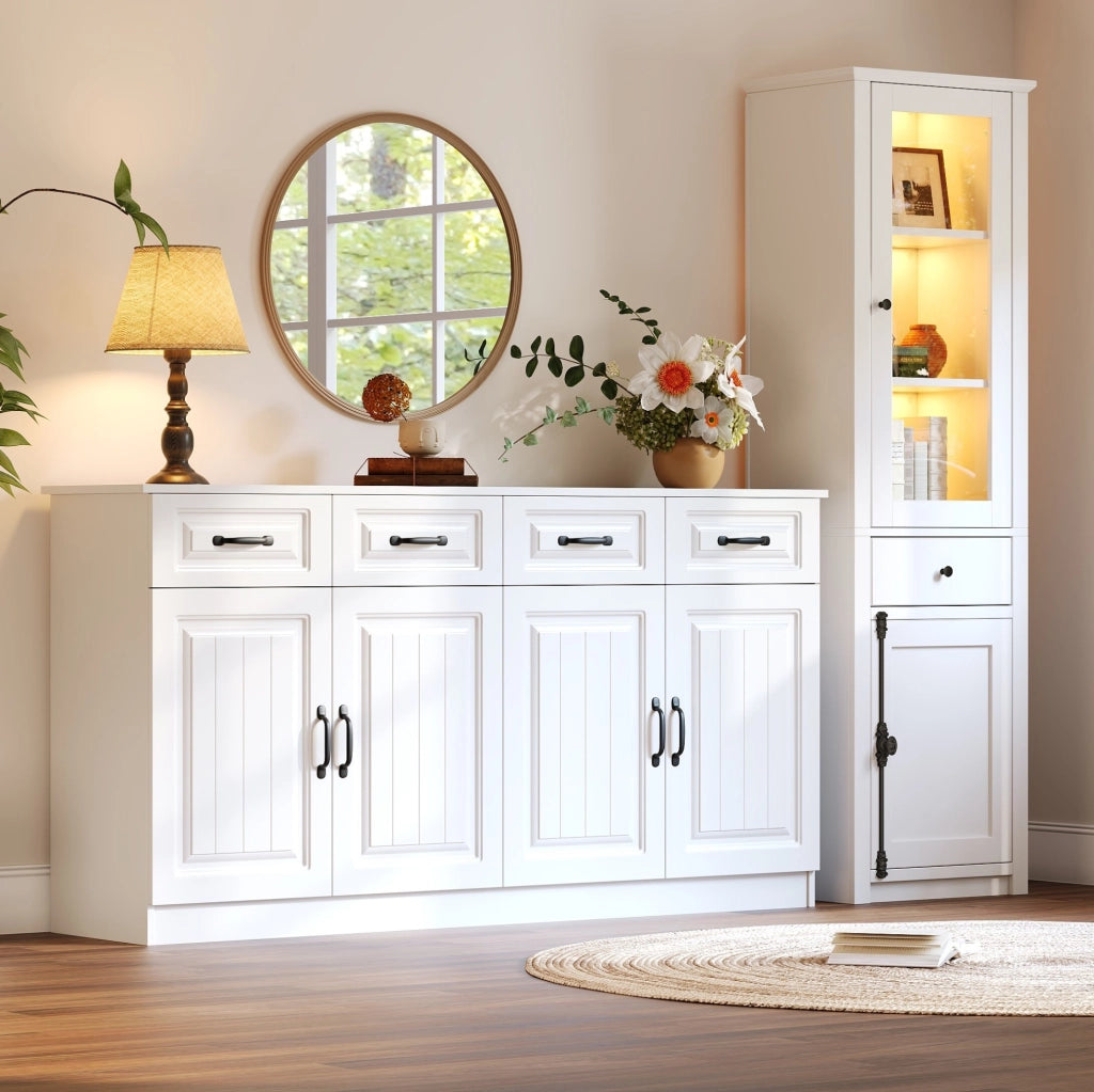 Set di 2 mobili IVMEU: madia 160x35x80 cm e vetrina 55x40x200 cm, bianchi con illuminazione LED per soggiorno