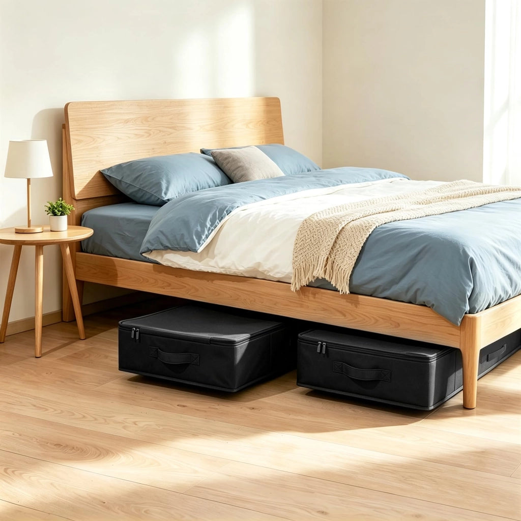 Comodino da sottoletto con ruote, 2 pezzi, pieghevole, colore nero