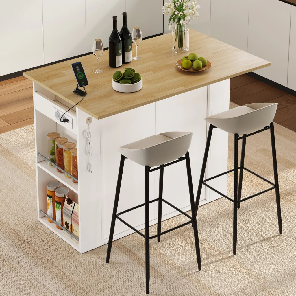 Isola da cucina con piano ribaltabile, 2 ante, 1 cassetto e ripiani aperti, con presa elettrica, 120×47(75)×97 cm