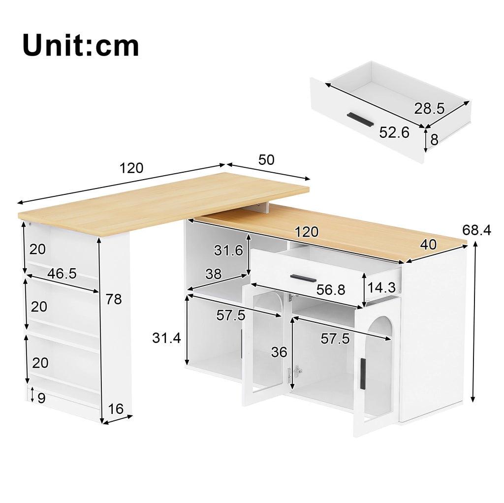 Isola cucina fissa con piano girevole a 360°, mobile contenitore, tavolo bar con cassetto e mensole, sideboard bianco L 136 x P 50 x H 78 cm