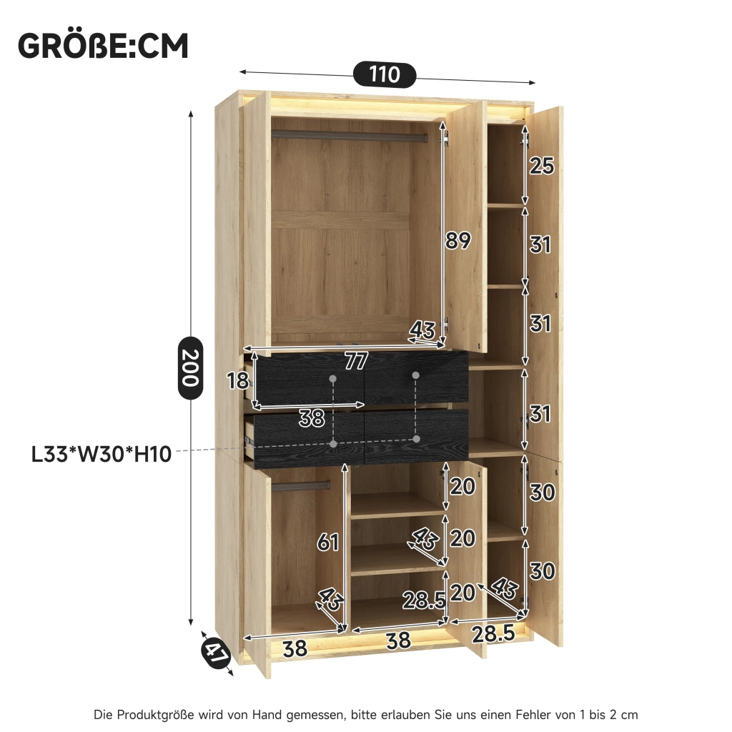 Armadio con specchio e illuminazione LED in MDF naturale