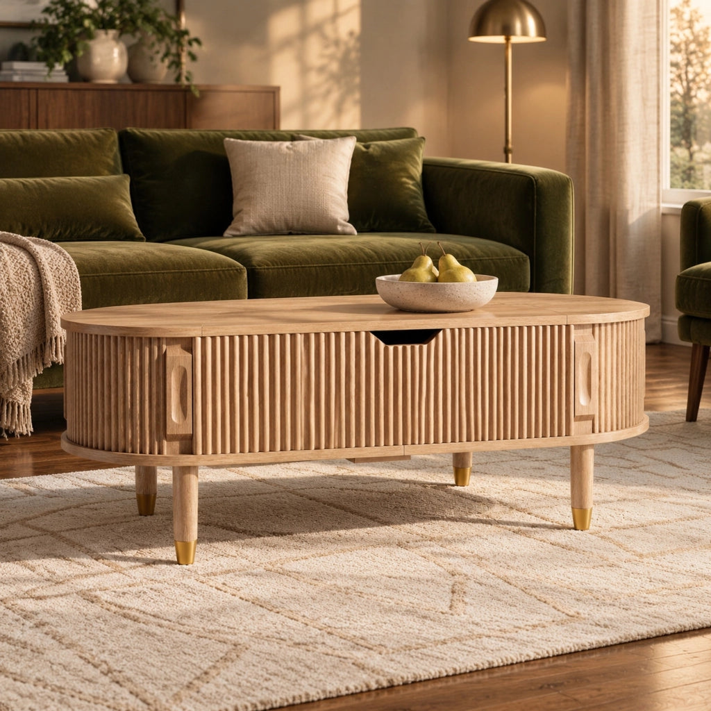 Tavolino da salotto ovale con piano sollevabile idraulico e contenitore in MDF naturale con piedi in legno di gomma