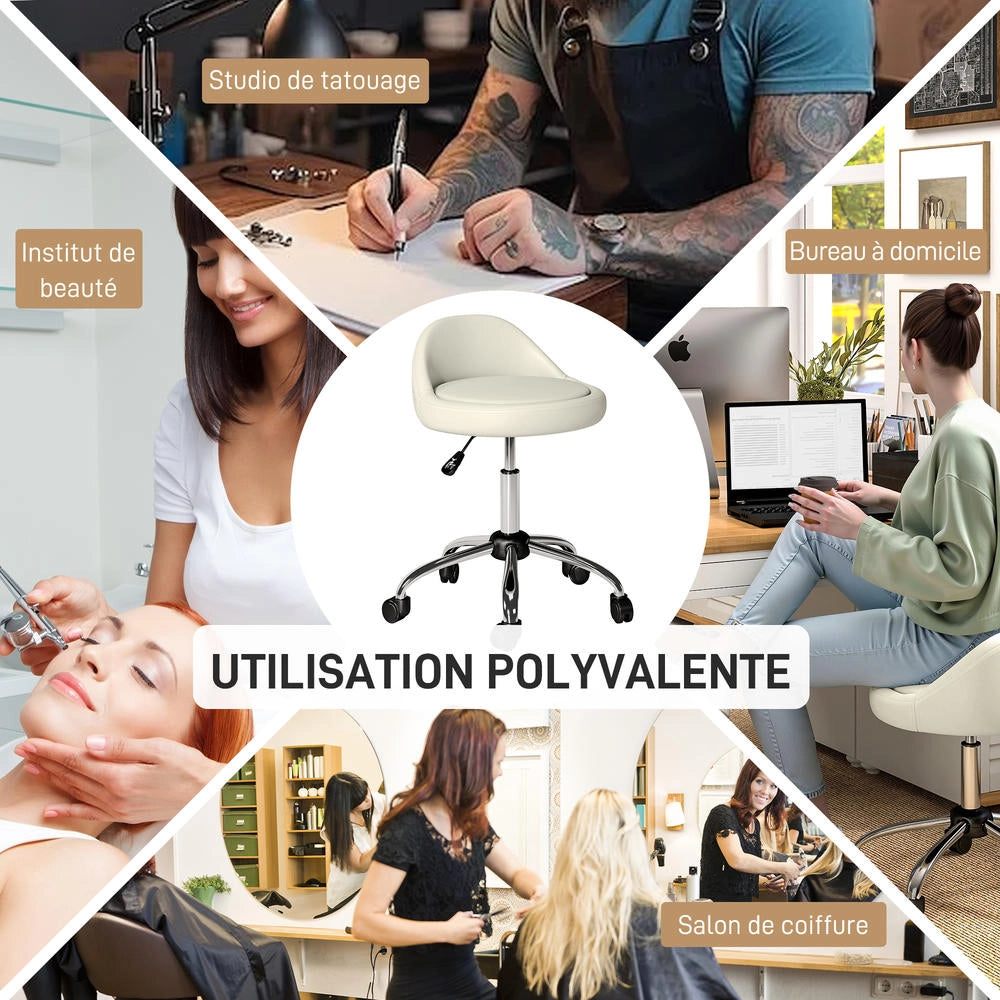 Sgabello da lavoro con ruote girevole 360° regolabile 53-73 cm con schienale rivestimento sintetico bianco per studio officina e casa