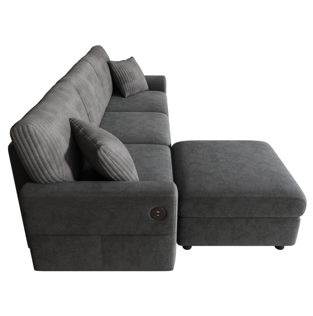 Divano 223x146 cm in ciniglia e velluto a coste grigio con USB e USB-C