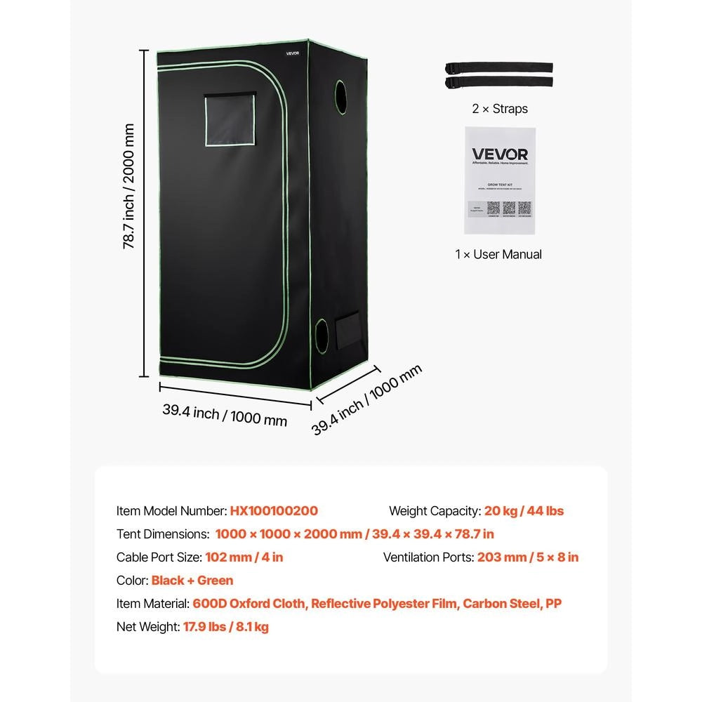 Tenda da Coltivazione Indoor HX100100200 100x100x200 cm in Mylar 600D Robusta per Piante e Fiori Nero Verde