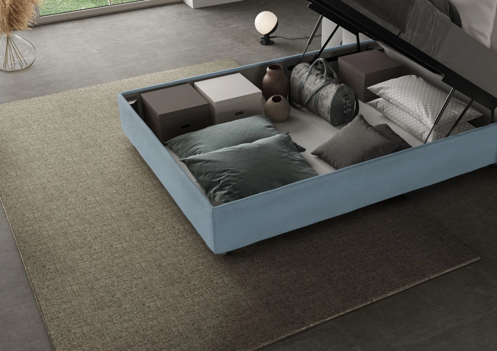 Letto una piazza e mezza rivestito in Microfibra con cuscini xl 110x200 Con Rete e Contenitore Antea Large Azzurro