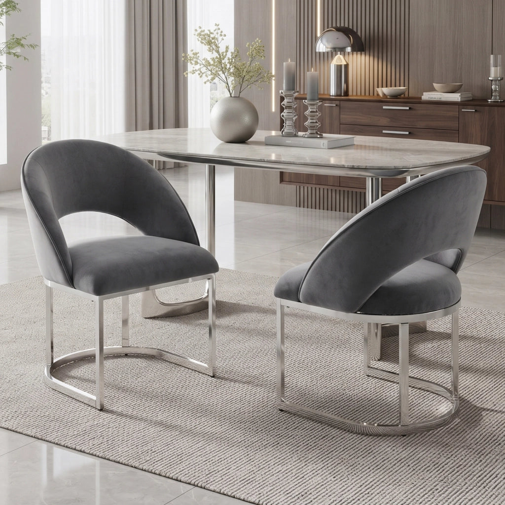 Set di 6 sedie da pranzo IVMEU in velluto grigio con gambe in metallo argentato, 59x56x80 cm