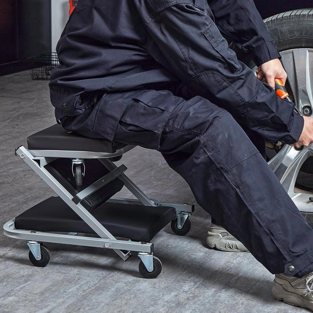 Carrello Sottomacchina e Sgabello Pieghevole a Z per Officina e Garage in Acciaio con 6 Ruote Girevoli Portata 136 kg