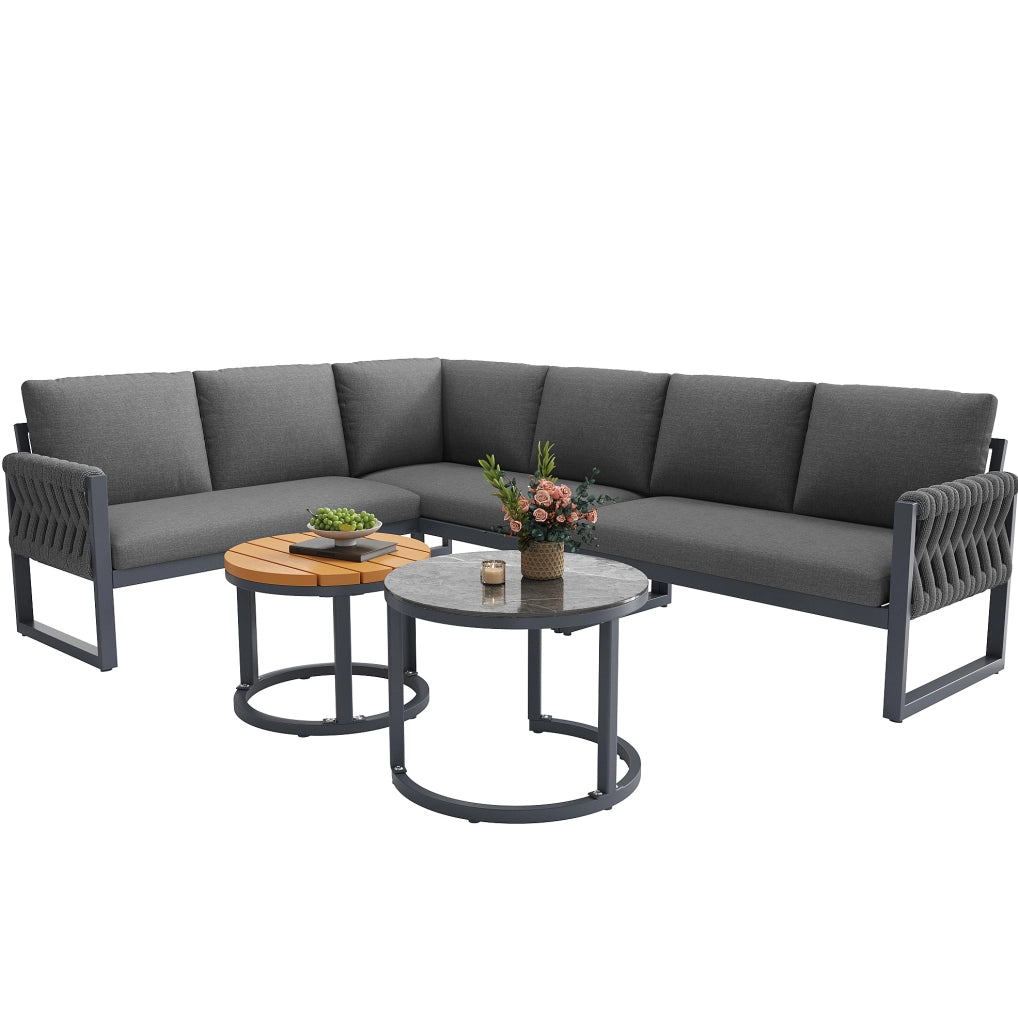 Set lounge da giardino ULEVR modulare grigio con 3 divani, 2 tavolini e cuscini sfoderabili